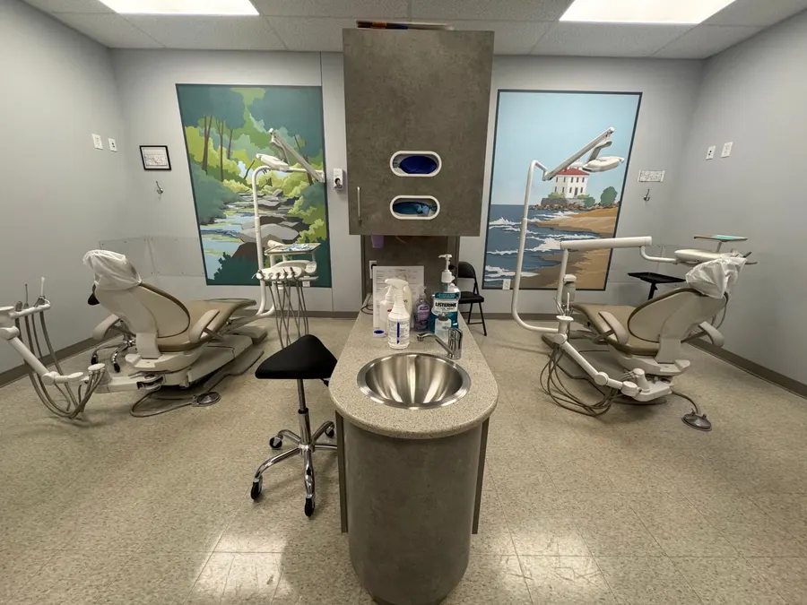 Two hygiene chairs beneath murals of a creek and a lakefront lighthouse