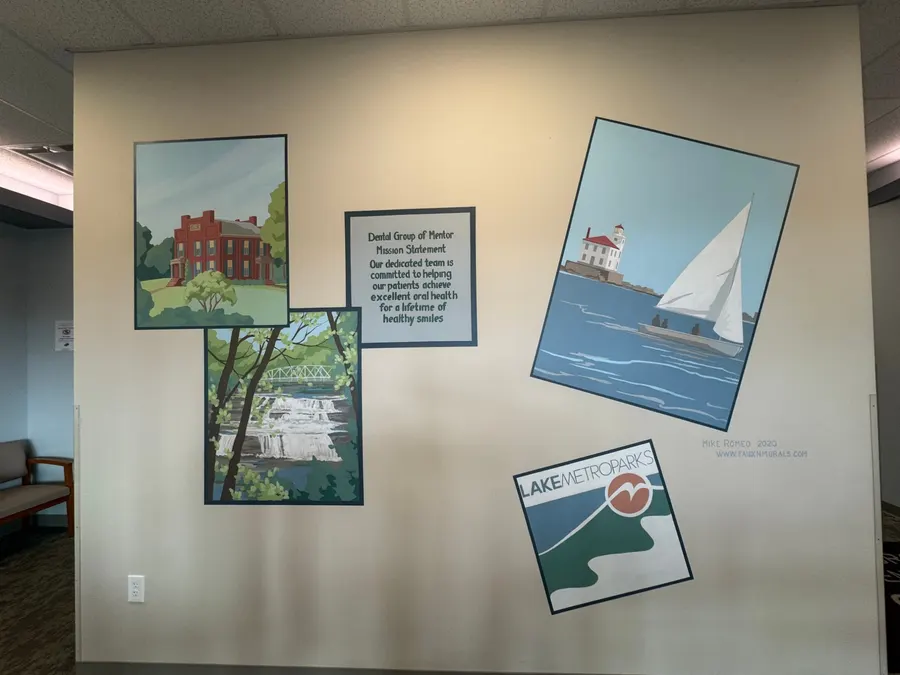 The lobby mural wall with the Dental Group of Mentor mission statement